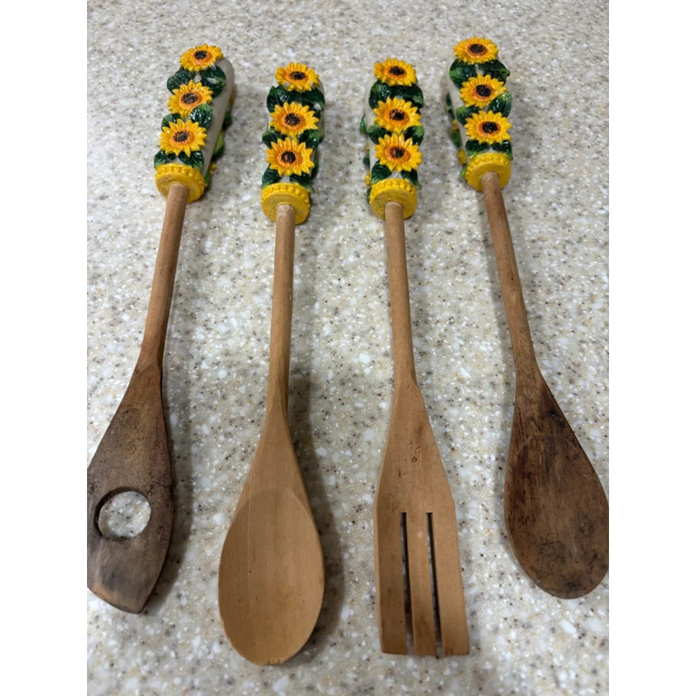 Sunflower Cooking Utensils Set of 4, Wood, Yellow Sunflower Handles One Size